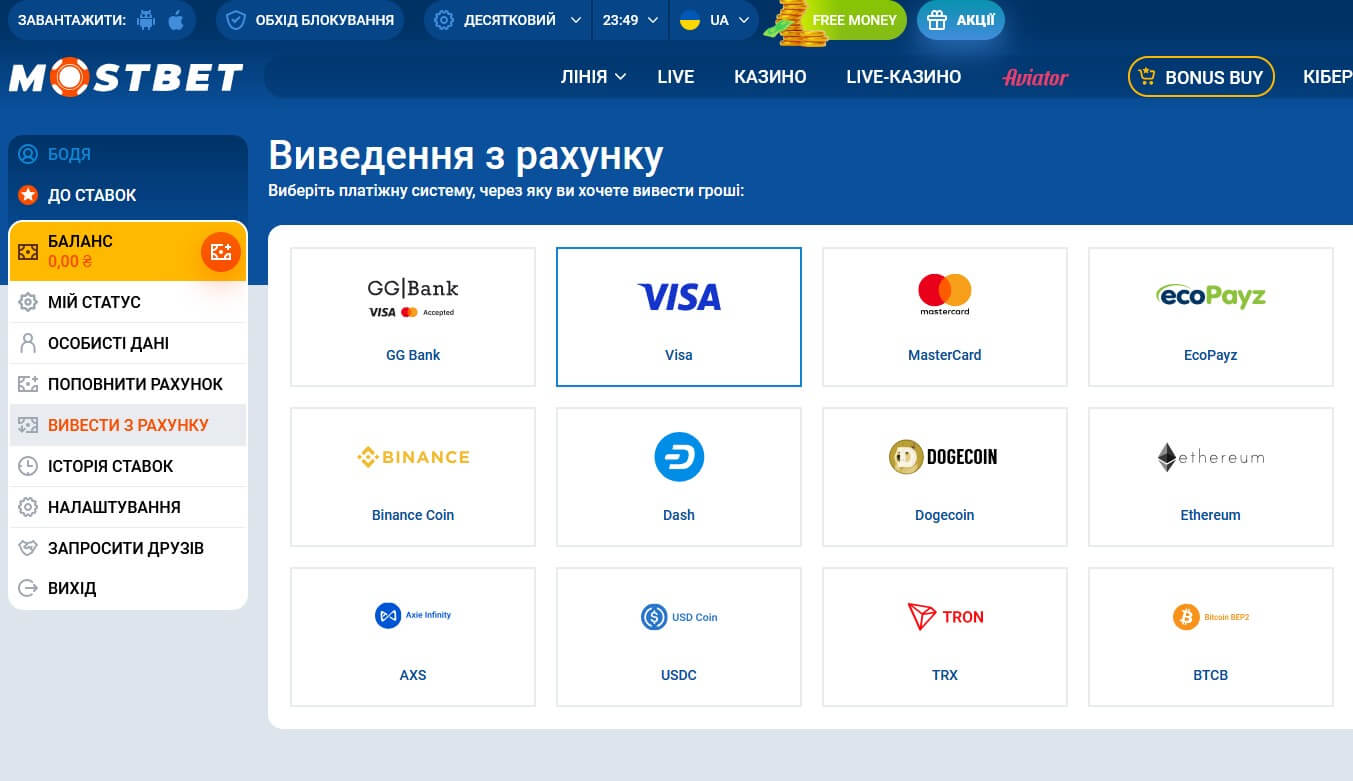 Виведення грошей з Мостбет